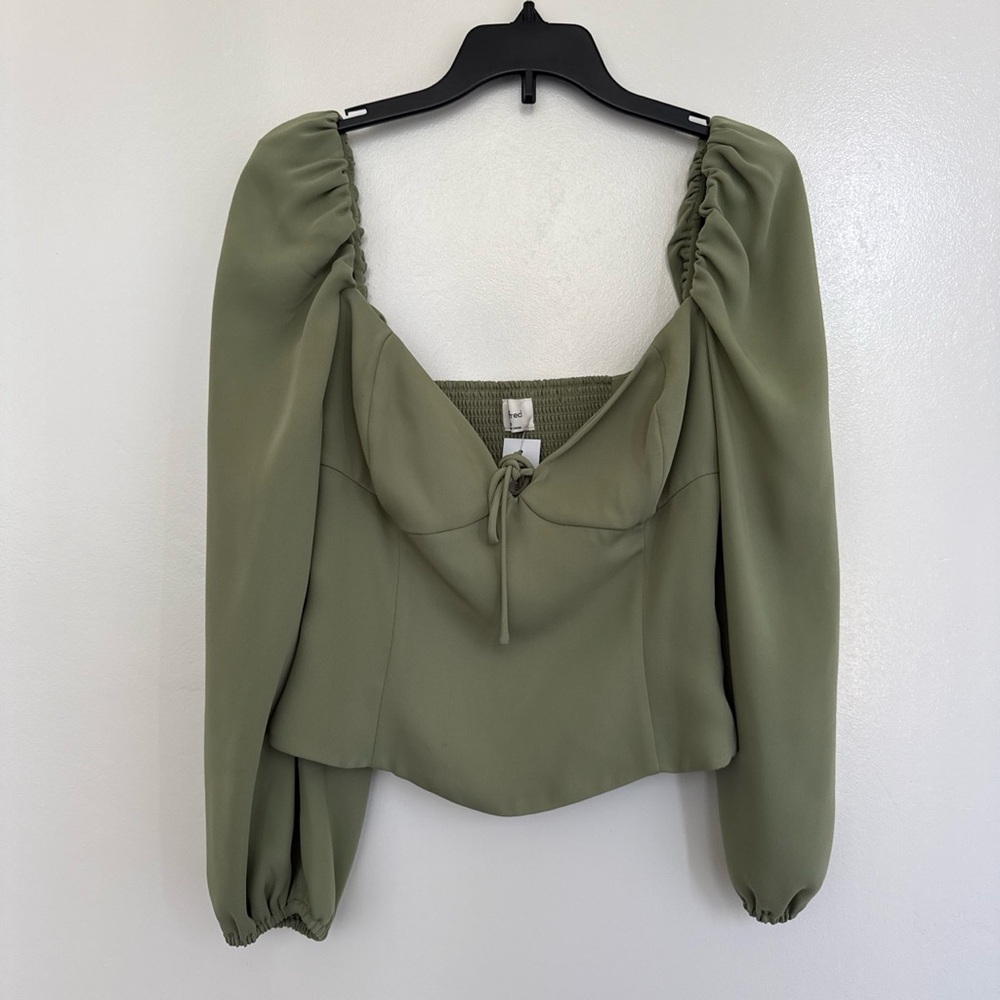 Aritzia Wilfred Olive Green Puff Sleeve Square Neck Top